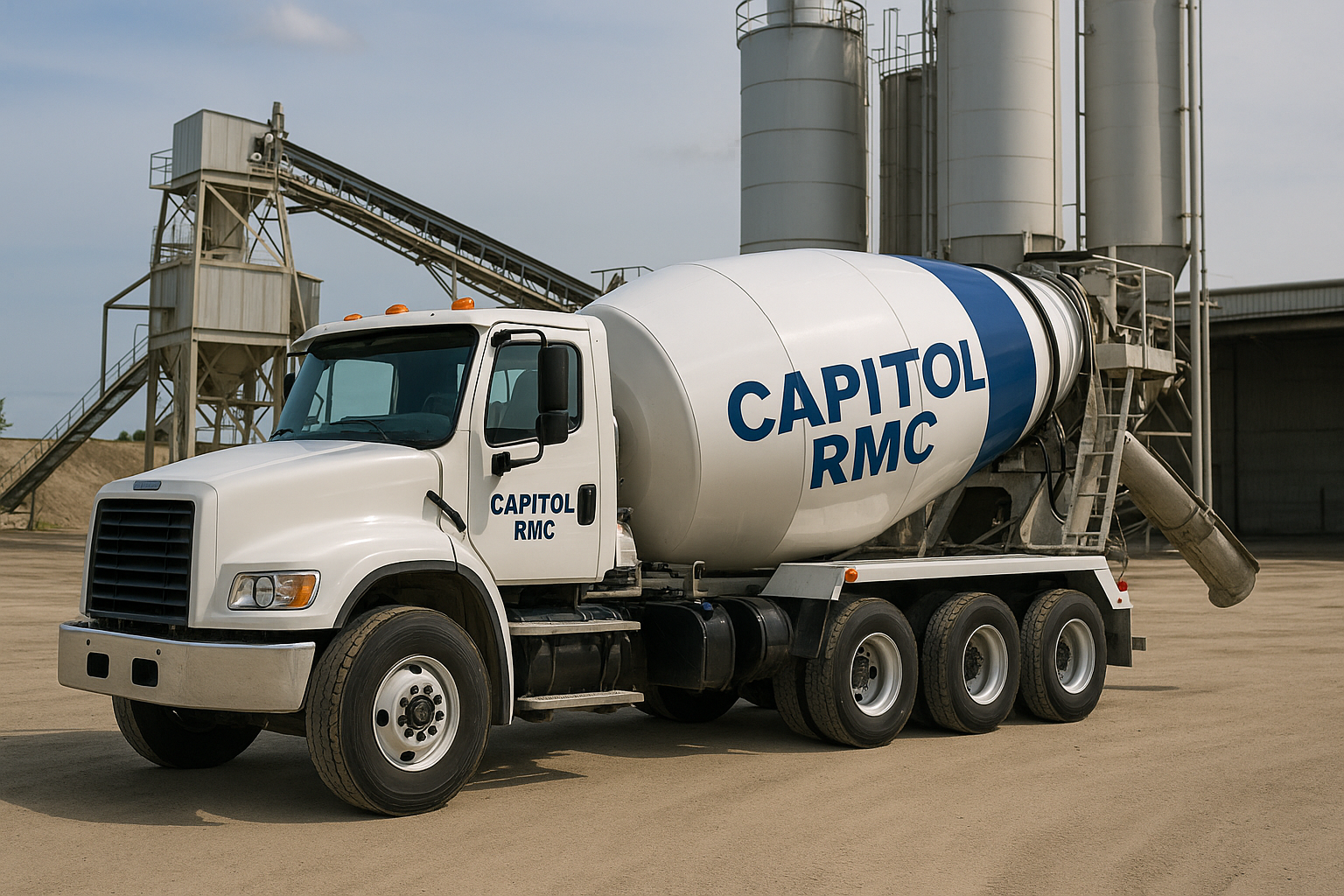 Ready-mix concrete transit mixer at construction site